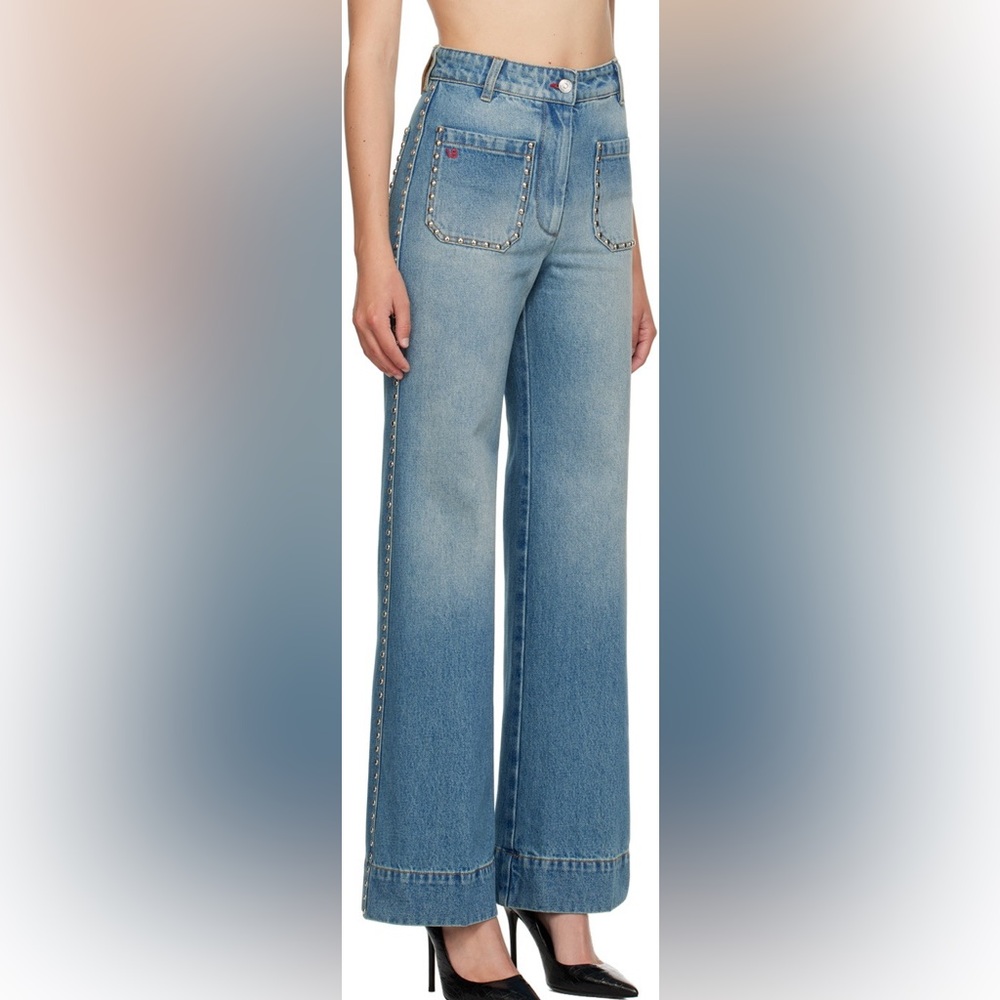 Victoria Beckham Alina Jean Wide Leg Mid Vintage Wash Studded Denim - Picture 2 of 9